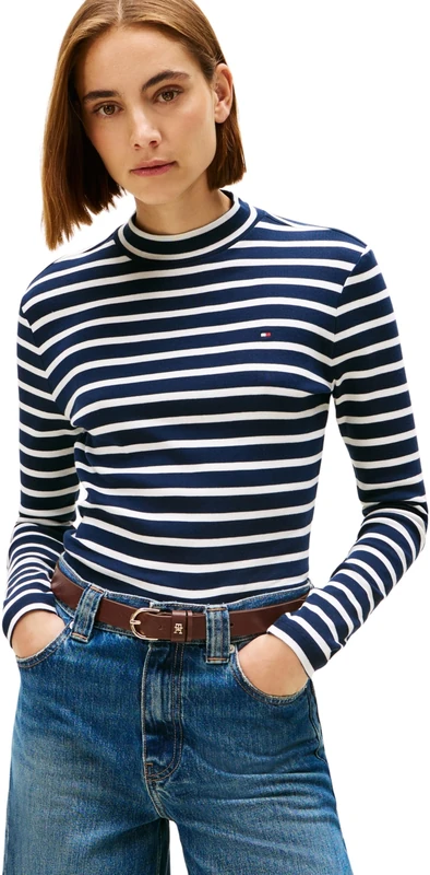 Tommy Hilfiger Women’s Slim Cody Mock Neck Long Sleeve Top, Multicolor (Dark Night Navy/Ecru STP), L
