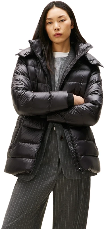 Tommy Hilfiger Women's Gloss Down Waist Puffer Jacket with Stand Collar, Black (Black), XS