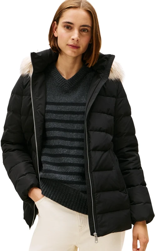 Tommy Hilfiger Women's Slim Down Puffer Jacket with Faux Fur Trim, Black (Black), S