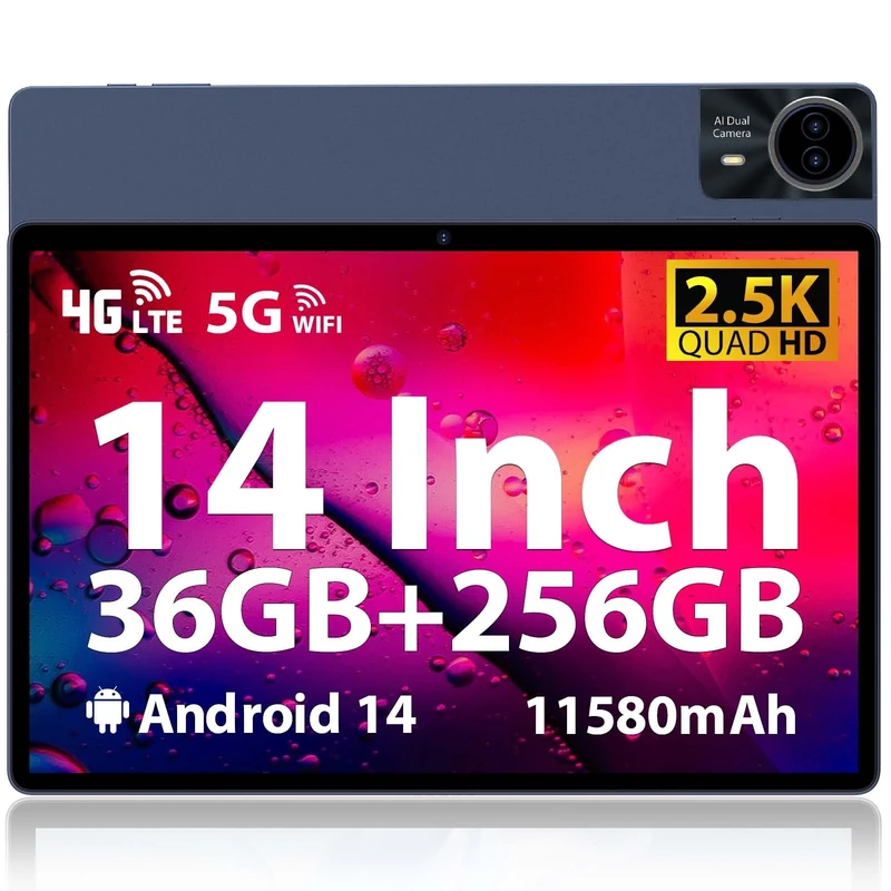 Android Tablet 14'' 2.5K Display, 36GB+256GB/TF 1TB, 20W Fast Charge 11580mAh, Quad-speaker, Octa-Core Slim Metal Large Tablet with Dual SIM 4G LTE/5G WiFi/GPS/13MP, Case/Stylus/Earphone Included
