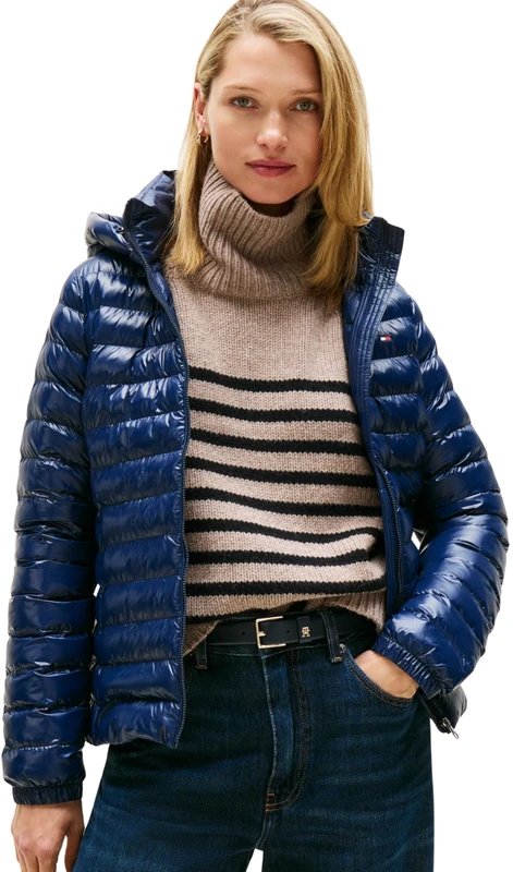 Tommy Hilfiger Women’s Slim Quilted Jacket with Hood, Blue (Dark Night Navy), XS