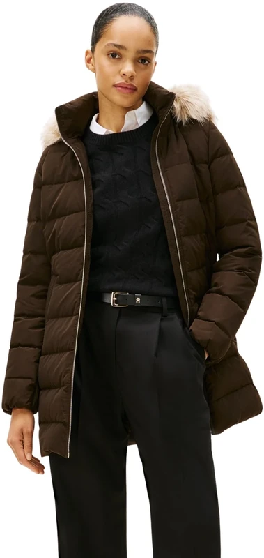 Tommy Hilfiger Women's Slim Down Coat with Faux Fur Trim, Brown (Dark Coffee), S