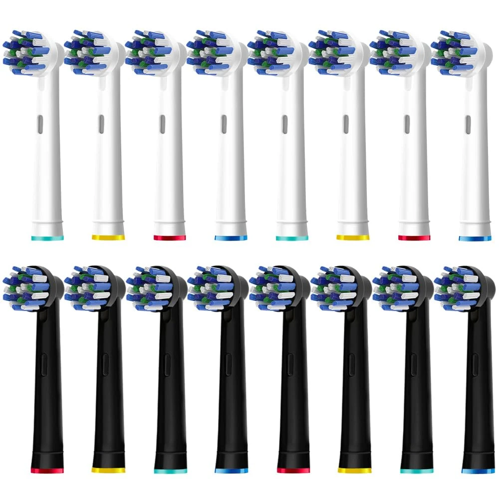 16pcs Cross Clean Replacement Heads Compatible with Braun Oral B Electric Toothbrush, 8pcs White and 8pcs Black.