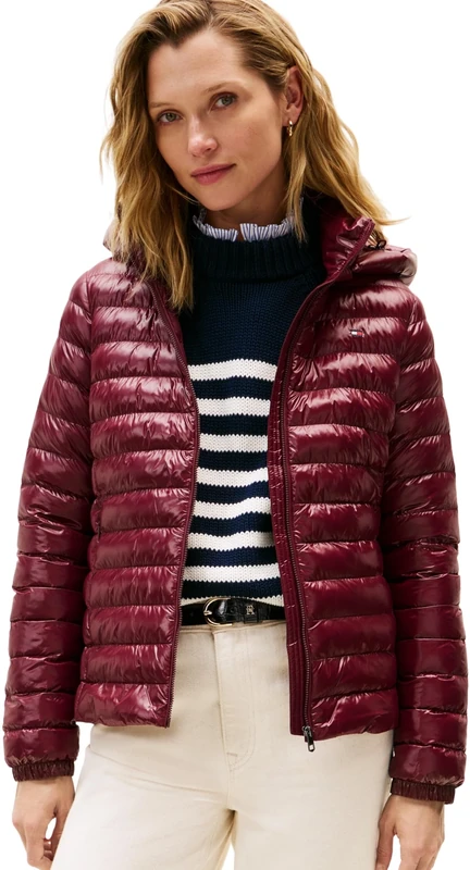 Tommy Hilfiger Women’s Slim Quilted Jacket with Hood, Red (Deep Burgundy), S
