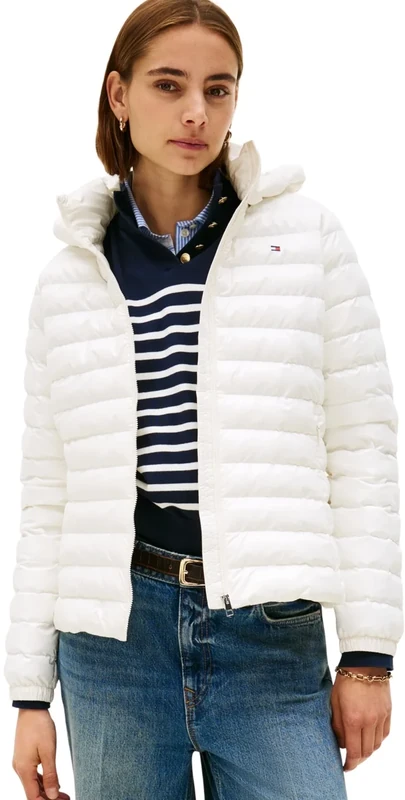Tommy Hilfiger Women’s Slim Quilted Jacket with Hood, White (Ivory Silk), XXL