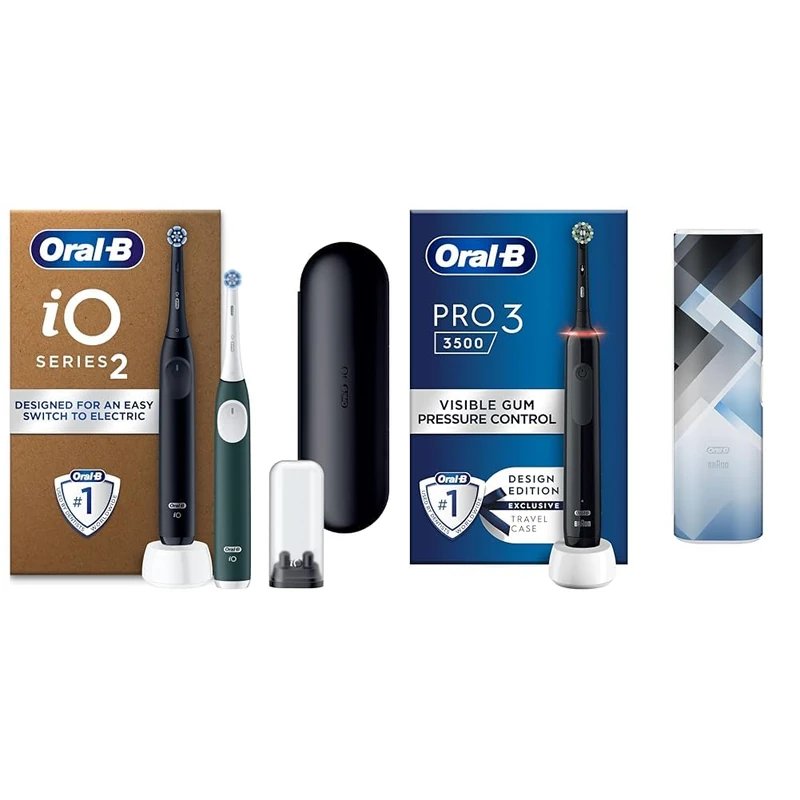 Oral-B iO2 Plus Night Black & Forest Green Electric Toothbrush Duo Pack + Pro 3 3500 Black + Mondrian Travel Case