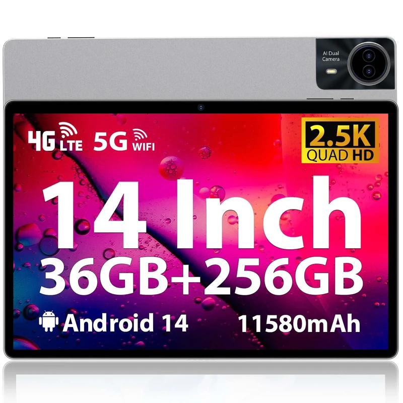 Android Tablet 14'' 2.5K Display, 36GB+256GB/TF 1TB, Octa-Core, 20W Fast Charge 11580mAh, Quad-speaker, Slim Metal Large Tablet with Dual SIM 4G LTE/5G WiFi/BT/GPS/13MP, Case/Stylus/Earphone Included