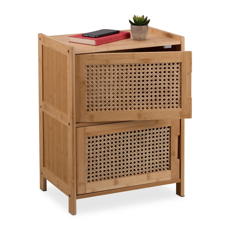 Relaxdays Bedside Table, with 2 Rattan Decorated Drawers, Bamboo Nightstand, Cabinet with Storage for Bedroom, Natural, Plant Fibre, Fibreboard, 56 x 42 x 30 cm
