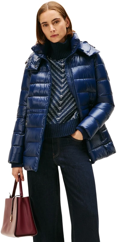 Tommy Hilfiger Women's Gloss Down Waist Puffer Jacket with Stand Collar, Blue (Dark Night Navy), M