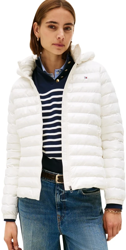 Tommy Hilfiger Women’s Slim Quilted Jacket with Hood, White (Ivory Silk), XXXL