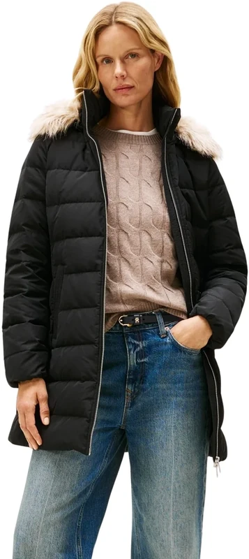 Tommy Hilfiger Women's Slim Down Coat with Faux Fur Trim, Black (Black), M