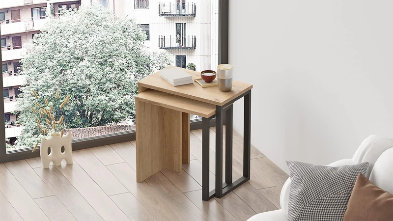 Hanah Home Elegant Walnut Nesting Tables (2 Pieces), 100% Melamine Coated, 18 mm Thick, Dimensions: 51 x 52.8 x 29.5 and 44.5 x 47.8 x 24.5 cm, Sturdy Metal Legs, Modern Design - Image 1
