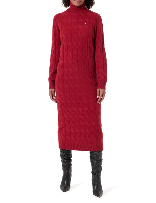 Tommy Hilfiger Women’s Soft Wool Cable Knit Jumper Dress with Roll Neck, Red (Regatta Red), XXXL