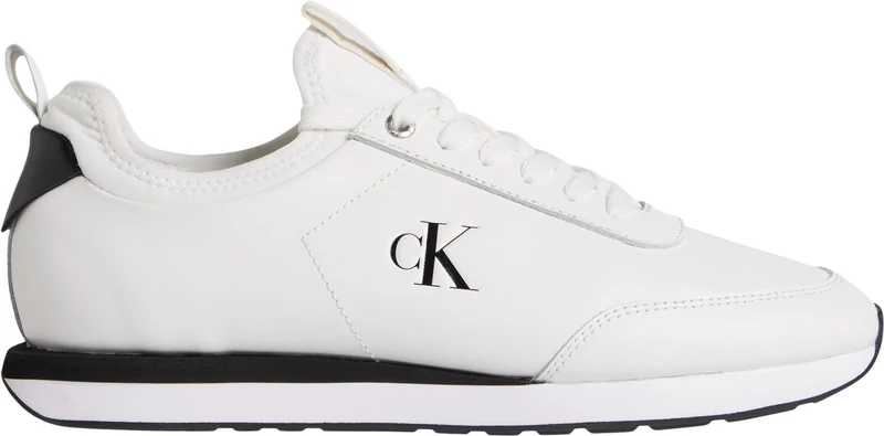Calvin Klein Men’s Retro Sock Lace-up Leather Runner Trainers, White (Bright White/Black), 8