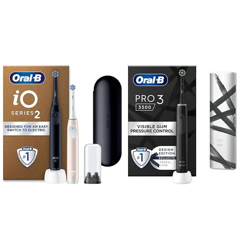 Oral-B iO2 Plus Night Black & Calm Pink Electric Toothbrush Duo Pack + Pro 3 3500 Black Striking (+Travel Case)
