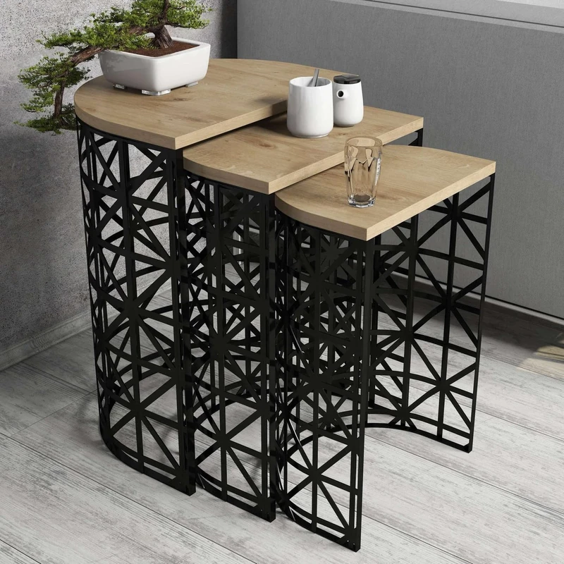 Modern Nesting Table Set (3 Pieces), Oak & Black, 100% Melamine Coated, Metal Frame, 18 mm Thick, Stylish & Functional for Home and Office