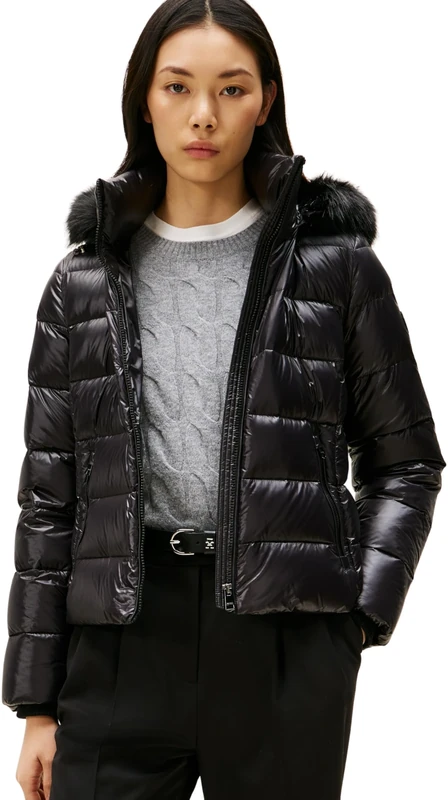 Tommy Hilfiger Women's Gloss Down Slim Puffer Jacket with Faux Fur Trim, Black (Black), XXXL