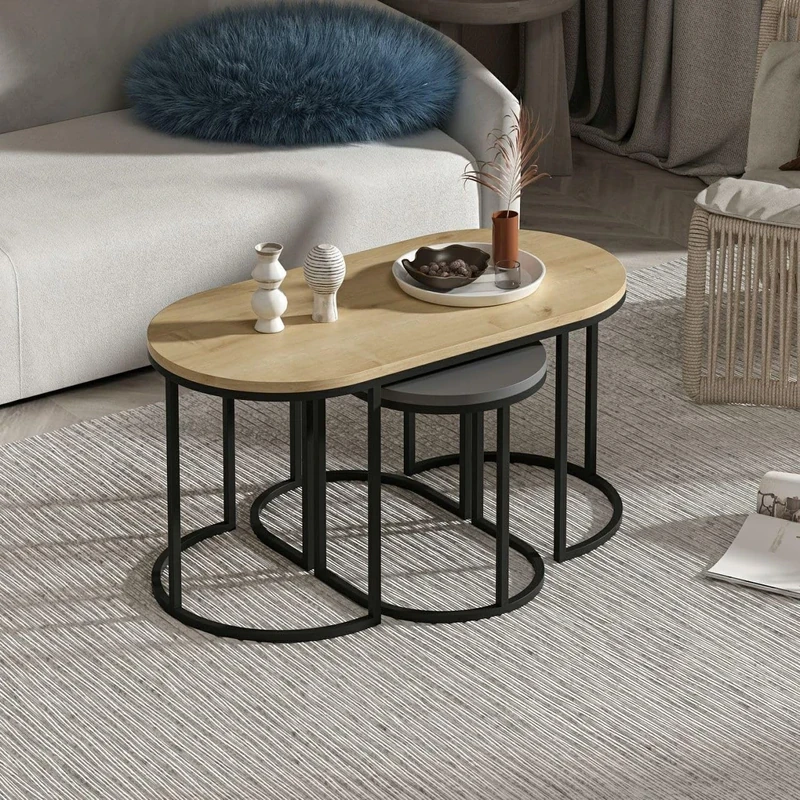 Hanah Home Stylish Nesting Table Set (3 Pieces), Oak & Anthracite, 90 x 45 x 45 cm & 35 x 40 x 30 cm, 100% Melamine Coated, 18 mm Thick, Metal Frame, Ideal for Modern Living Spaces