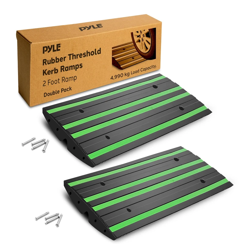 Pyle Rubber Kerb Ramp Set, 2 Pack Heavy Duty Portable Ramps for Steps, Sheds, or Driveways, Non-Slip Marine Grade with Green Reflective Strip, Threshold for Shed