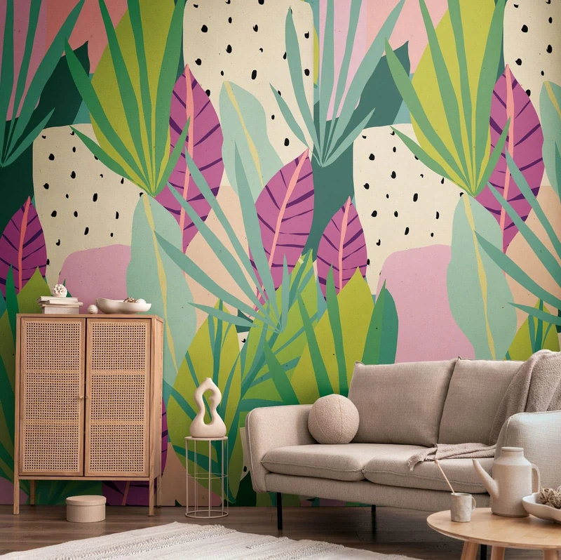 Livingwalls Anna D'Andrea Photo Wallpaper Floral 1,59 m x 2,80 m - Green, Pink, Lilac - Leaves Wallpaper - 782081