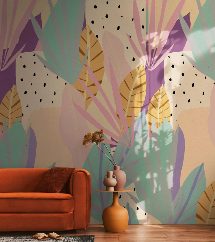 Livingwalls Anna D'Andrea Modern Photo Wallpaper 1,59 m x 2,80 m - Beige, Green, Lilac, Yellow - Leaves Wallpaper - 782082