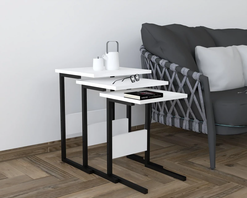 Stylish Nesting Table Set (3 Pieces) - Black & White, 100% Melamine Coated, Iron Legs, Large: 40 x 55 x 40 cm, Medium: 36 x 50 x 36 cm, Small: 32 x 45 x 32 cm, Modern Design for Home and Office