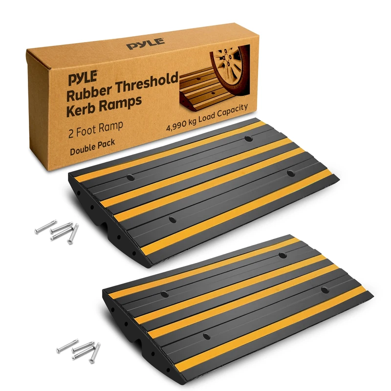 Pyle Rubber Curb Ramp Pack of 2, 60cm Non-Slip Threshold Shed Ramp with Yellow Reflective Strip, Heavy Duty for Driveways, Vehicles, Wheelchairs, Includes Expansion Screws
