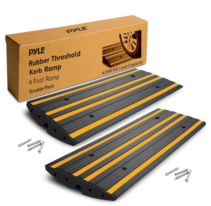 Pyle Heavy Duty 2-Pack Rubber Kerb Ramp 122cm – Durable Driveway Curb Ramps for Cars, Motorcycles, SUVs & Vans, Non-Slip Threshold Ramps with Reflective Safety Strips, Waterproof with Mounting Screws