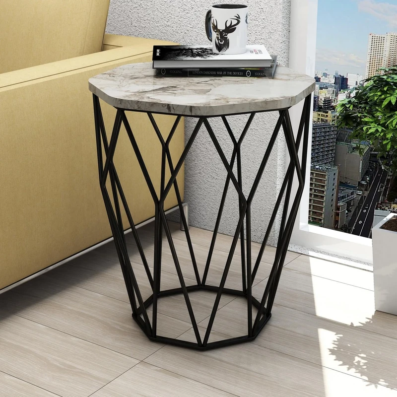 Hanah Home Modern Side Table with Metal Legs, Anthracite & White, 46 x 57 x 46 cm, 100% Melamine Coated Particle Board, 18 mm Thick, Stylish & Functional Design