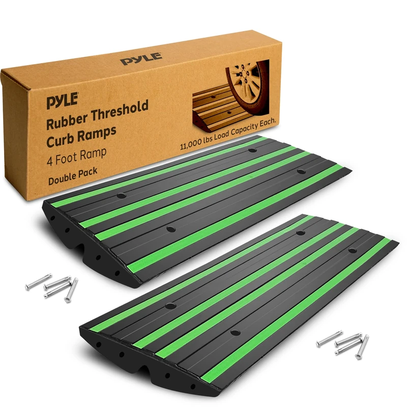 Pyle Heavy Duty 2-Pack Rubber Kerb Ramp 122cm – Durable Driveway Curb Ramps for Cars, Motorcycles, SUVs & Vans, Non-Slip Threshold Ramps with Reflective Safety Strips, Waterproof with Mounting Screws