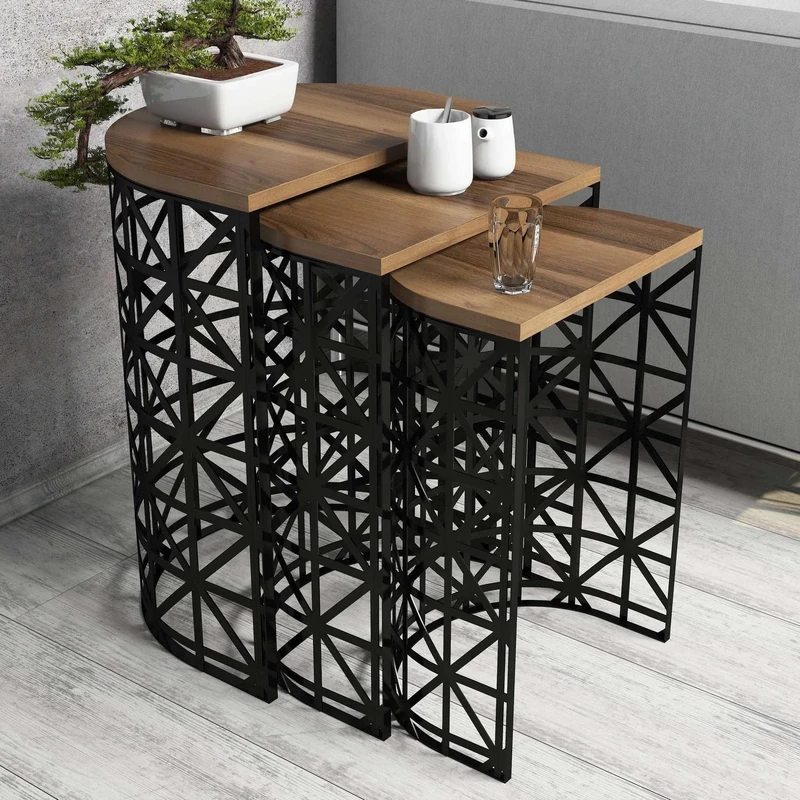 Modern Nesting Table Set (3 Pieces) - Walnut & Black, 100% Melamine Coated, Metal Frame, 18 mm Thick, Stylish & Functional for Home and Office