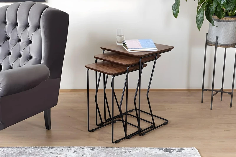 Hanah Home Elegant Walnut Nesting Table Set (3 Pieces) | 100% MDF with Metal Legs | Dimensions: 43 x 65 cm, 40 x 60 cm, 38 x 55 cm | Stylish & Functional for Modern Spaces - Image 1