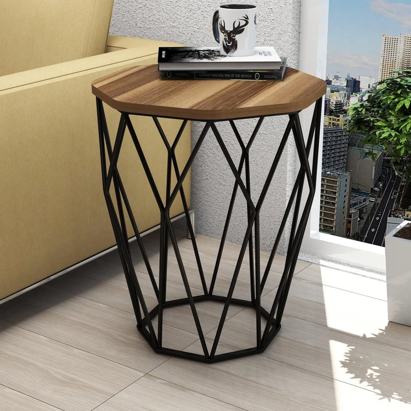 Modern Side Table with Metal Legs, Walnut & Black, 46 x 57 x 46 cm, 100% Melamine Coated Particle Board, 18 mm Thick, Stylish Industrial Design for Home and Office - Image 1