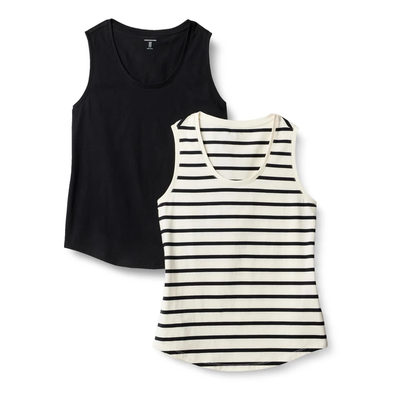 Amazon Essentials Women's Regular-Fit 100% Cotton Sleeveless Tank Top, Pack of 2, Black/Mariner Stripes, XXL