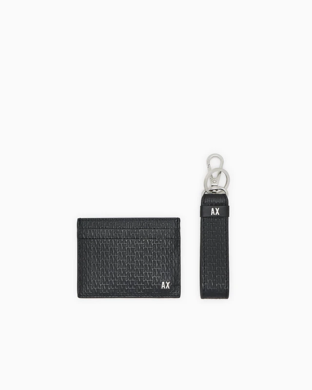 Armani Exchange Men's Essential, Embossed Monogram Texture Side Metallic Logo Travel Accessory Envelope Card Holder, Black, Black, One Size - Image 1