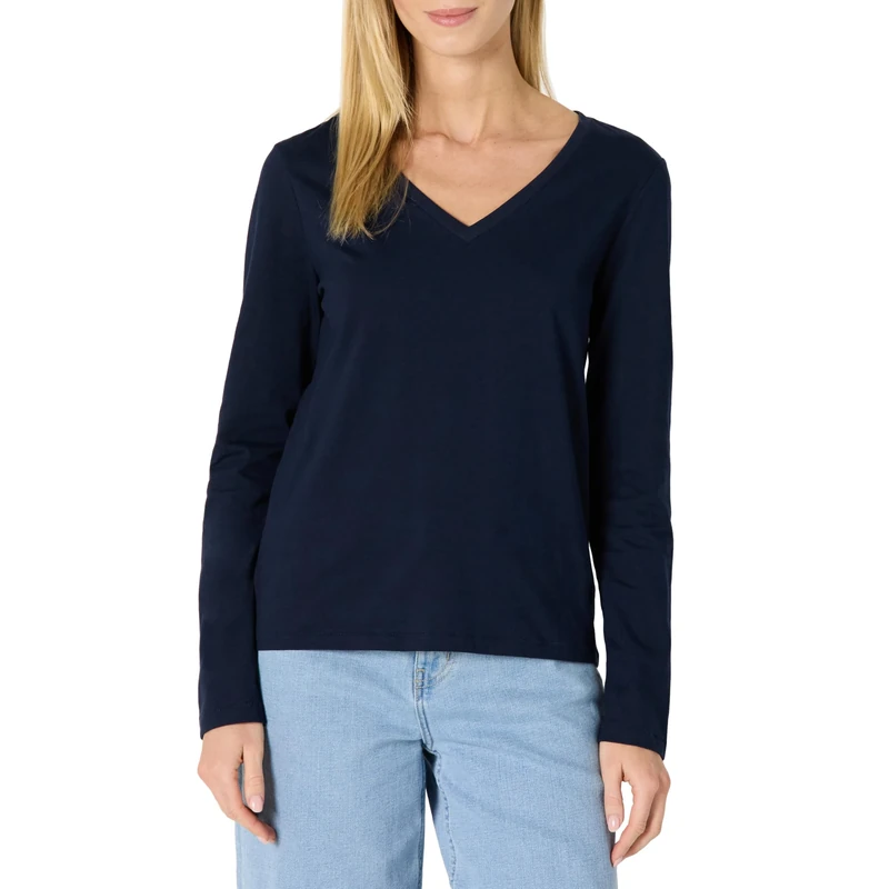 Amazon Essentials Women's 100% Cotton Regular-Fit Long-Sleeve V-Neck T-Shirt, Navy, S