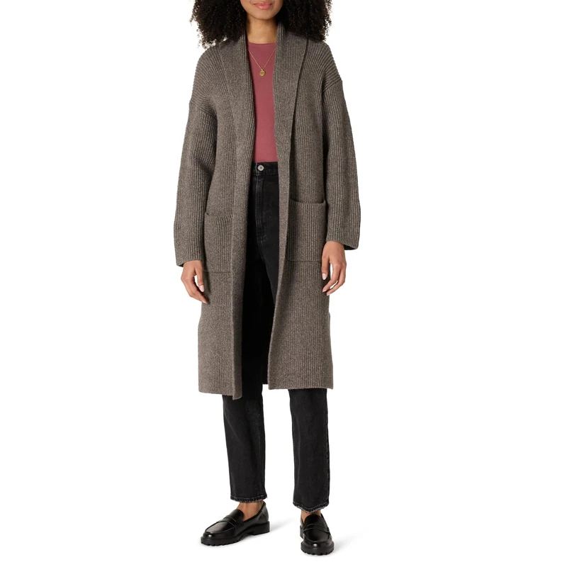 Amazon Essentials Women's Oversized-Fit Cotton Blend Heavyweight Texture Stitch Long Cardigan Sweater, Brown Heather, S
