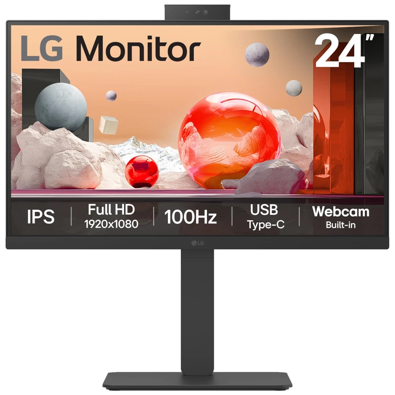 LG Monitor 24BA850 - FHD 1080p IPS 24 inch, 100Hz, Office Display, 5ms, Built-in Power/Webcam & Mic/KVM/Speakers, LAN (RJ45), USB-C, USB Hub, D-Sub, HDMI, DisplayPort, Matte Black