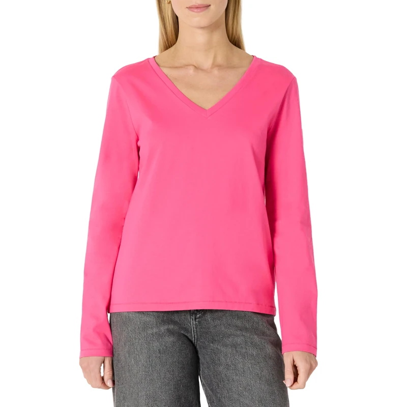 Amazon Essentials Women's 100% Cotton Regular-Fit Long-Sleeve V-Neck T-Shirt, Hot Pink, S