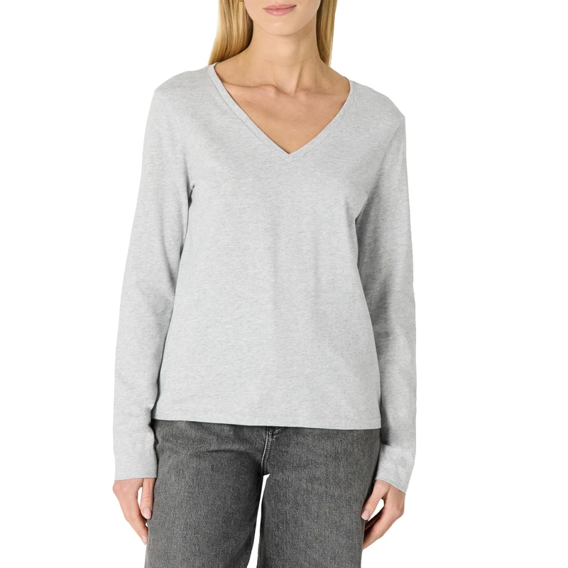 Amazon Essentials Women's 100% Cotton Regular-Fit Long-Sleeve V-Neck T-Shirt, Light Grey Heather, S