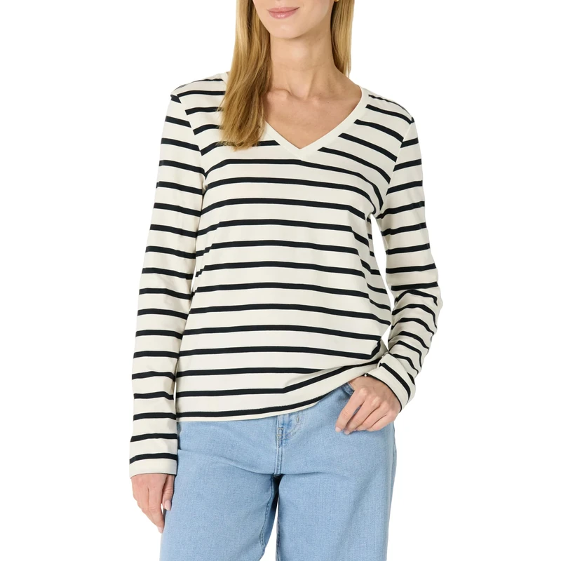 Amazon Essentials Women's Cotton V-Neck Striped T-Shirt - S