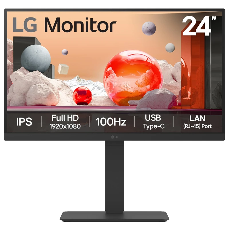 LG Monitor 24BA750 - FHD 1080p IPS 24 inch, 100Hz, 5ms, Office Display, Built-in Power/KVM/Speakers, LAN (RJ45), USB-C, USB Hub, D-Sub, HDMI, DisplayPort, Matte Blac