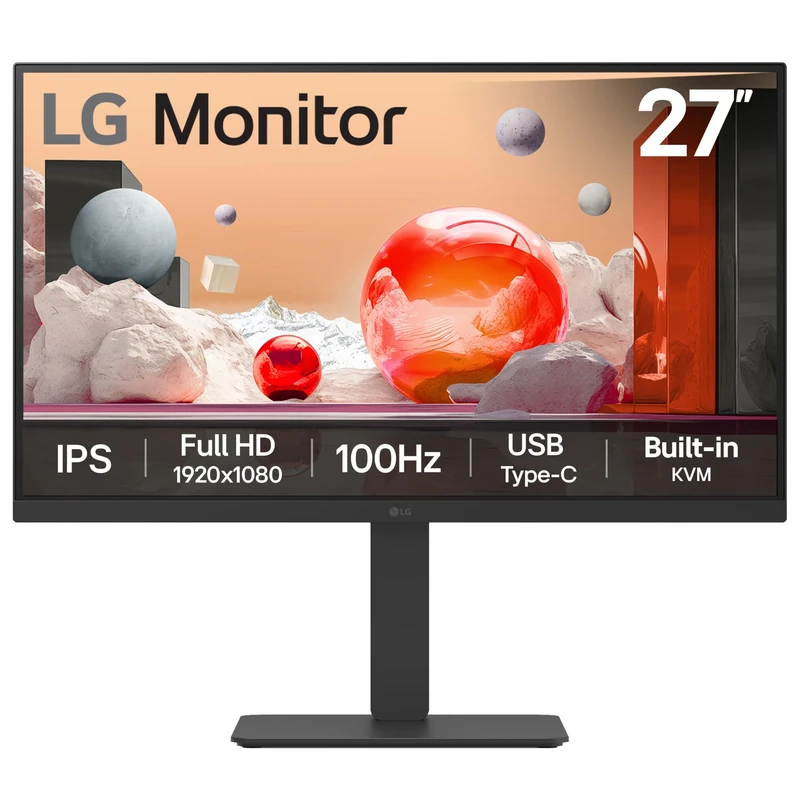 LG Monitor 27BA650 - FHD 1080p IPS 27 inch, 100Hz, 5ms, Office Display, Built-in Power/KVM/Speakers, USB-C, USB Hub, D-Sub, HDMI, DisplayPort, Matte Black
