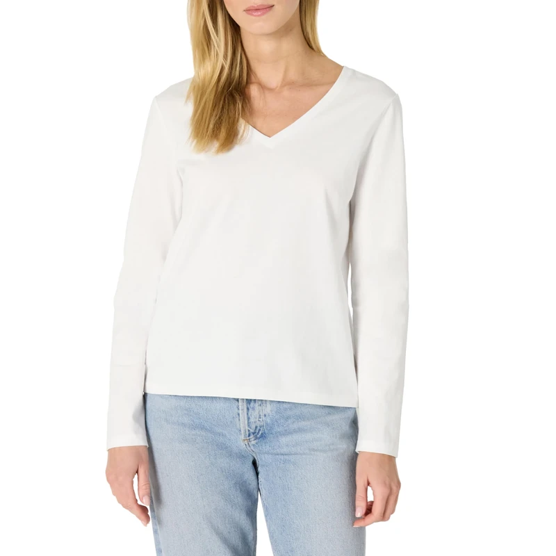 Amazon Essentials Women's 100% Cotton Regular-Fit Long-Sleeve V-Neck T-Shirt, White, S