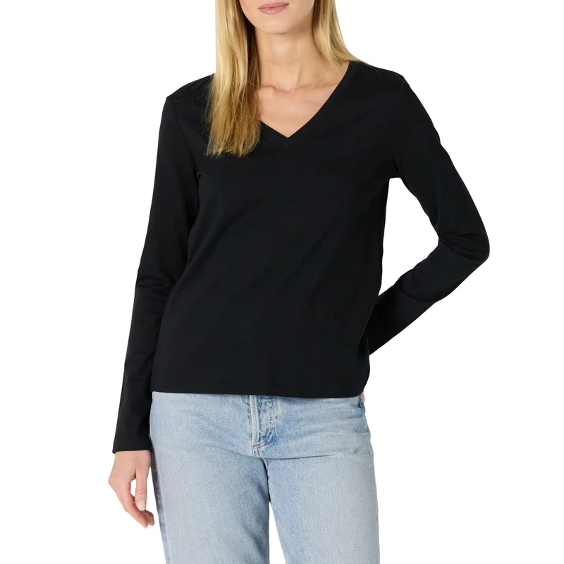 Amazon Essentials Women's 100% Cotton Regular-Fit Long-Sleeve V-Neck T-Shirt, Black, S