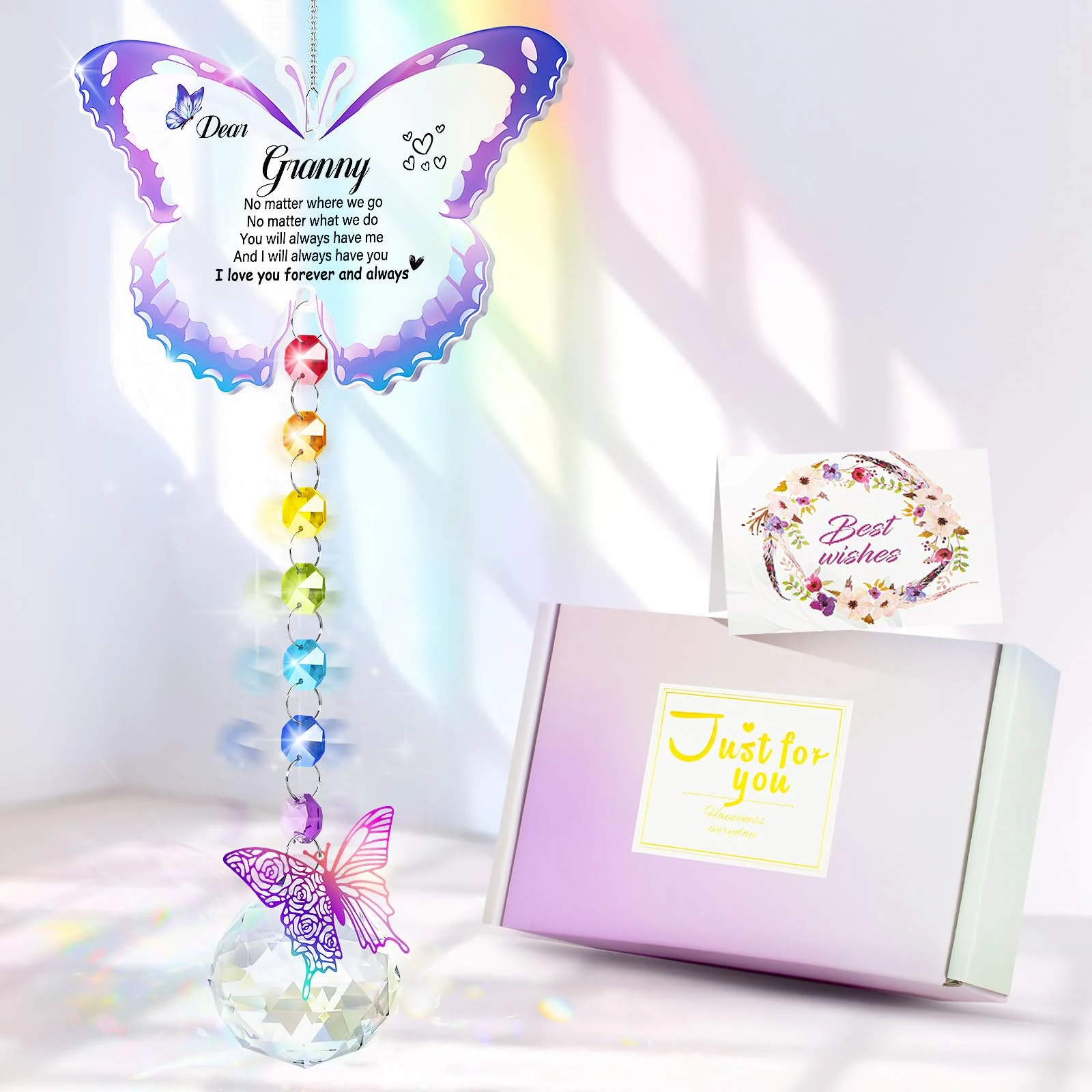 YIBONIKA Granny Gifts from Grandchildren, Butterfly Crystal Suncatcher Gifts for Granny, Granny Mothers Day Birthday Gifts with Card