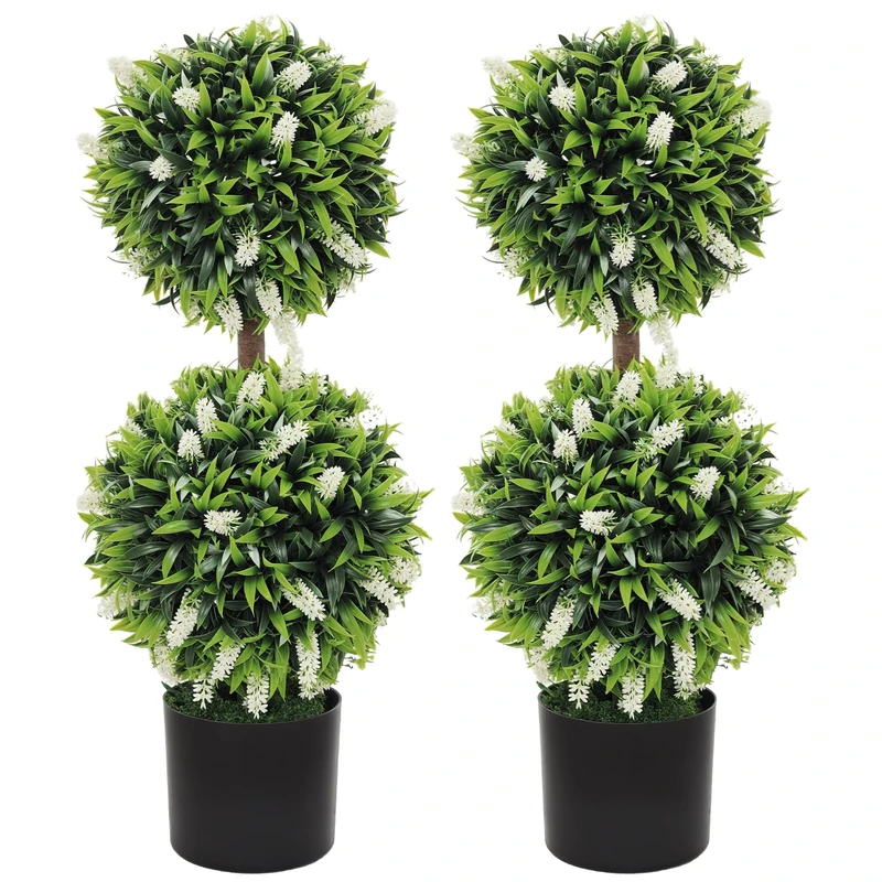 HOMCOM Set of 2 Decorative Artificial Plants Ball Trees with Lavender Flowers in Pot Fake Plants for Home Indoor Outdoor Decor, 70cm, White