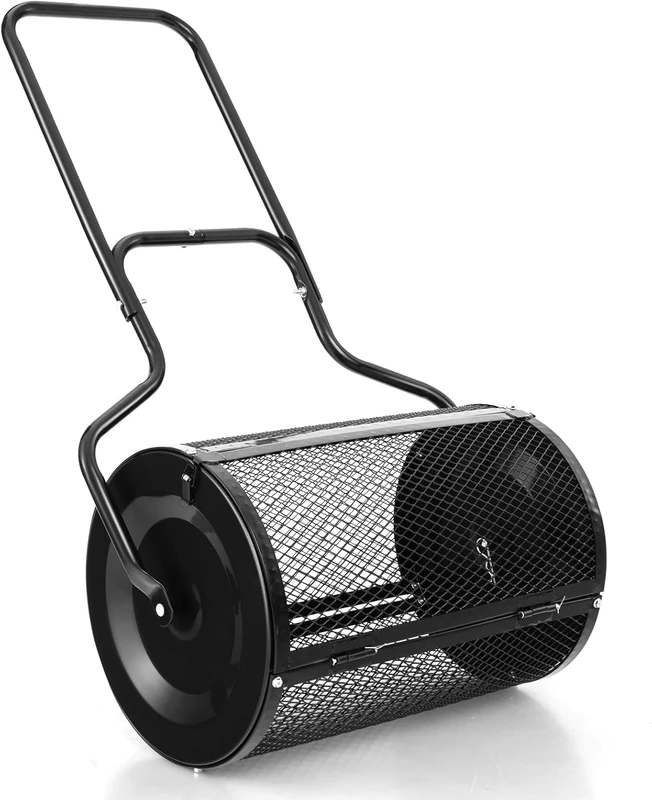 FANTASK Compost spreader with U-handle, 75 L garden peat moss spreader, fertiliser spreader, lawn, composter metal, garden spreader for fertiliser seeds, seed spreader with mesh basket