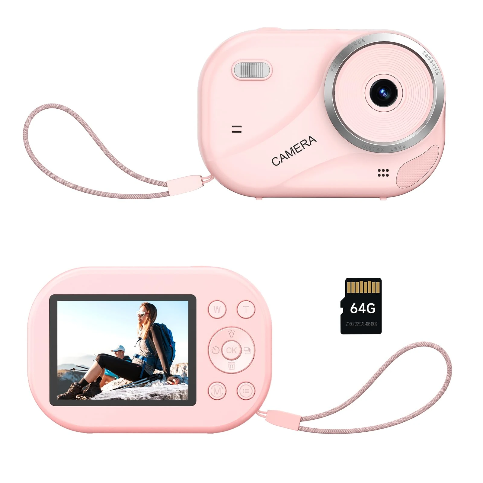 Digital Camera- 2K Autofocus Compact Camera with 2.4 Screen, Portable Mini Small Photo Camera with 64GB TF Card for Photography, 16X Zoom Vlogging Selfie Camera for Kids & Beginners& Teens (Pink)