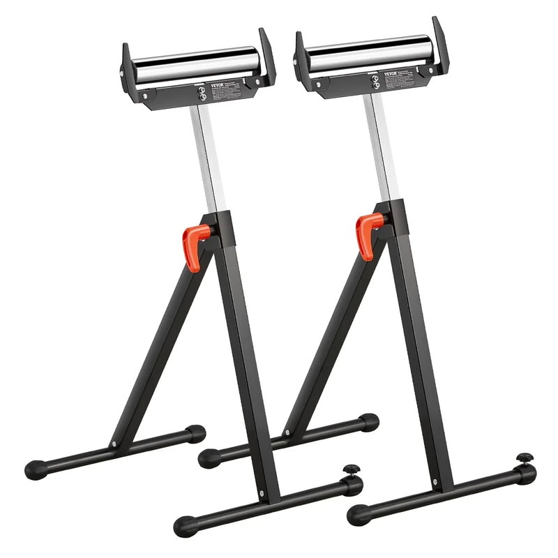 VEVOR 2-Pack Roller Stands, 250 lbs Load Capacity, 27-43 in Adjustable Height, Folding Heavy Duty with Polished Steel Roller Head & Edge Guides, for Table Saw Outfeed Woodworking Extension Support